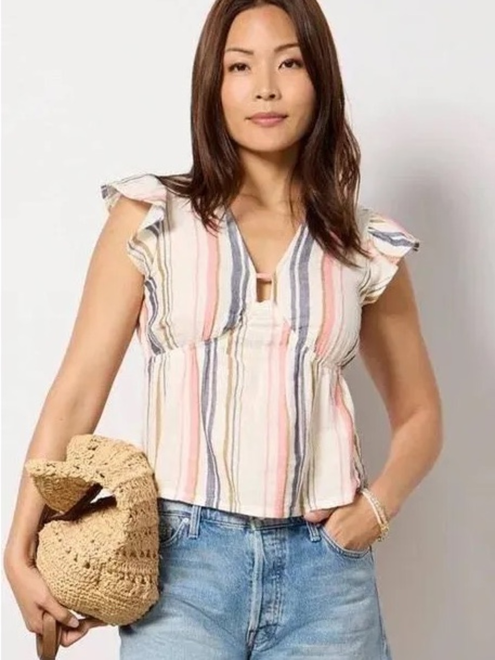 NWT Evereve Calla Gauze Flutter Top Women Medium Short Sleeve Stripe Top Blouse